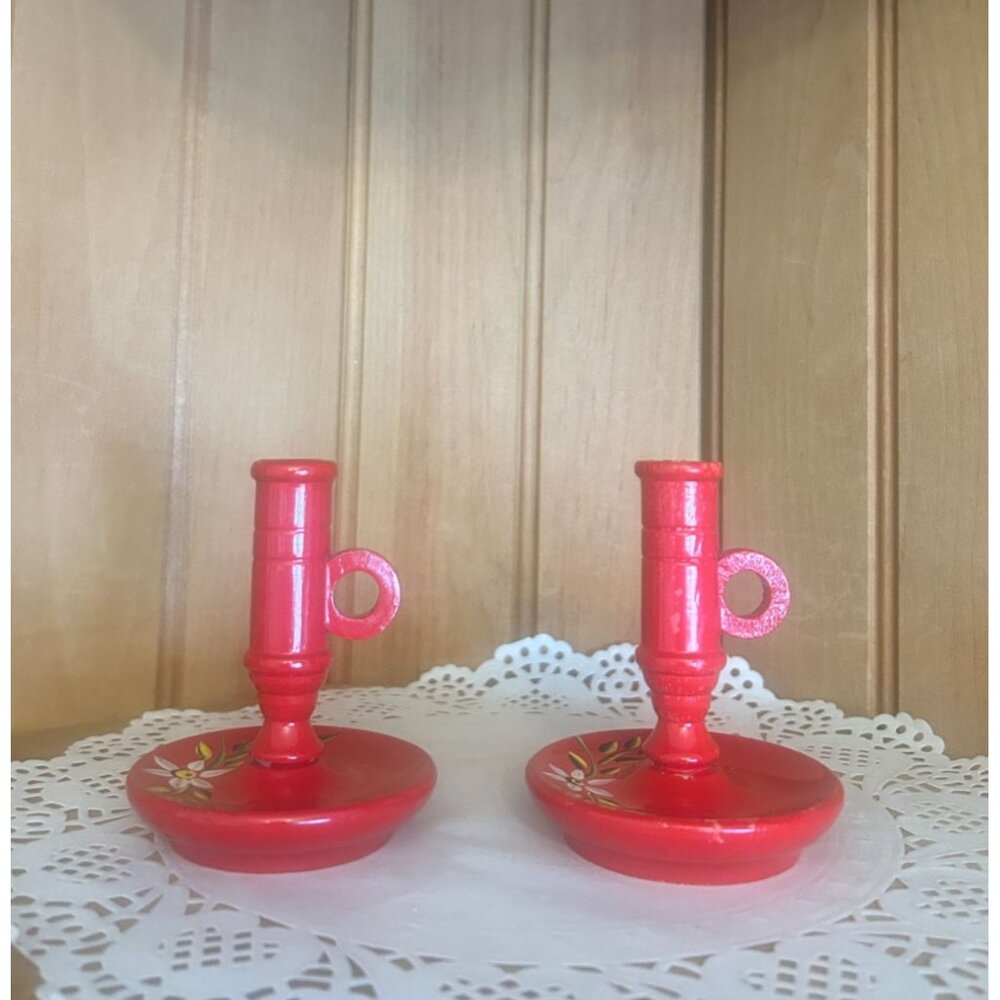 Vintage Swedish Red Hand Painted Dala Wood Candlestick Holders Floral Design